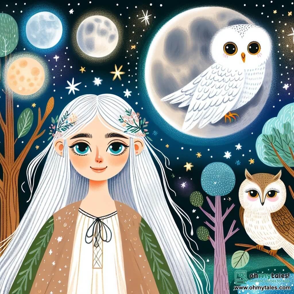Une illustration destinée aux enfants représentant une jeune femme aux cheveux argentés, une forêt cosmique où les arbres brillent de mille feux, un vieux hibou sage, et une planète scintillante aux rivières étincelantes sous la lumière de trois lunes.