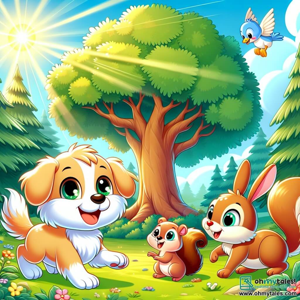 Une illustration sous forme de dessin destinée aux enfants représentant une clairière ensoleillée au cœur de la forêt, où un joyeux petit chien à la fourrure dorée et aux grands yeux pétillants explore avec curiosité, entouré d'un écureuil espiègle aux poils bruns et d'un lapin timide aux grandes oreilles blanches, tous trois découvrant ensemble un immense arbre majestueux, symbole de leur amitié et de leur aventure, tandis qu'un oiseau bleu vole au-dessus d'eux, ajoutant une touche de magie à cette scène pleine de vie et de camaraderie.