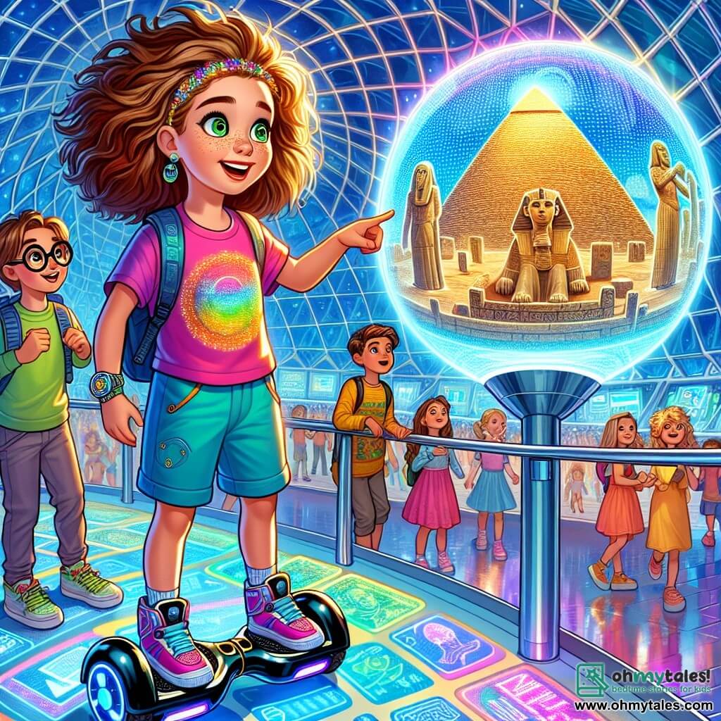 An illustration depicts a vibrant scene inside the Interactive Learning Center, a vast futuristic dome with shimmering glass walls, filled with bright colors and animated holograms. In the center, an 11-year-old girl with sparkling green eyes and wild curly hair stands in awe before a holographic device projecting images of ancient civilizations. She wears a colorful t-shirt and shorts, with her hoverboard at her feet, ready to take her on new adventures. Beside her, an 11-year-old boy with messy brown hair and round glasses attentively watches the hologram, an excited smile on his face. Another child, a 10-year-old girl with braided hair in a bright dress, points to a fascinating image of an Egyptian pyramid, her eyes shining with wonder. The main scene shows the girl discovering a new world through technology, surrounded by friends, all captivated by the endless possibilities of learning and adventure. Floating screens display information about past eras, while children laugh and chat around them, creating an atmosphere of joy and exploration.