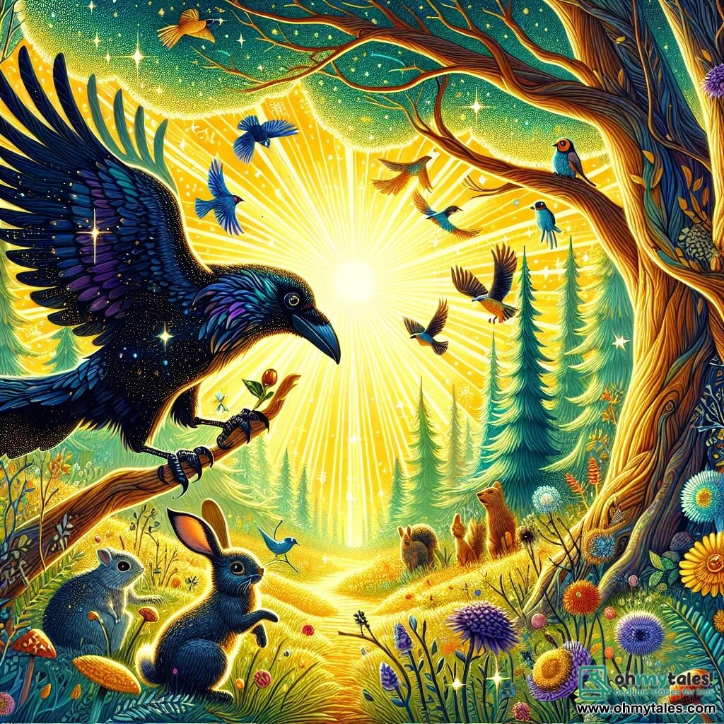 An illustration for children depicting a vibrant scene in a sunny clearing of the Enchanted Forest, where majestic trees with shimmering leaves create a magical setting. In the center, a crow with shining black feathers, sparkling like a starry sky, perches on a low branch. Its mischievous, twinkling eyes scan the landscape while it holds a small golden acorn in its beak, symbolizing the adventure to come. Next to it, a small bunny with large ears and soft fur, looking curious, observes attentively, ready to leap. In the background, forest animals like squirrels and colorful birds gather, intrigued by the scene. The golden sunlight filters through the branches, creating a joyful and welcoming atmosphere, while a gentle breeze makes the wildflowers dance around them.