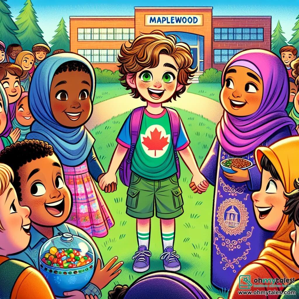 Une illustration sous forme de dessin destinée aux enfants représentant une scène vibrante dans la cour d'une école ensoleillée de Maplewood, où une fille de 11 ans aux cheveux bouclés et aux yeux verts, portant un t-shirt coloré et un short, sourit joyeusement en tenant la main d'une nouvelle camarade de classe, une fille d'origine afghane avec un hijab violet et une robe bleue, tandis qu'un groupe d'enfants de différentes origines ethniques, aux visages curieux et souriants, les entoure, tous partageant des plats traditionnels et riant ensemble, symbolisant l'acceptation et la célébration de la diversité.