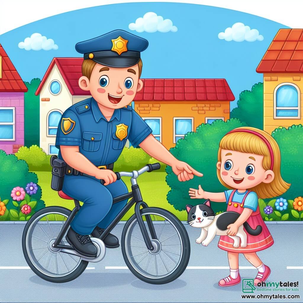 Une illustration destinée aux enfants représentant un policier homme souriant patrouillant à vélo dans une ville colorée, aidant une petite fille à retrouver son chat perdu, avec des maisons aux toits pointus et un parc verdoyant en arrière-plan.