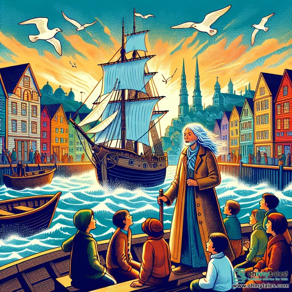 Une illustration sous forme de dessin destinée aux enfants représentant un port animé au coucher du soleil, avec des voiles blanches flottant au vent et des maisons colorées en bois, où une femme pirate au long manteau usé, aux cheveux argentés et au regard déterminé, se tient fièrement à la proue de son navire, entourée d'un groupe de jeunes garçons et filles aux visages émerveillés, tandis qu'ils écoutent attentivement ses histoires d'aventures maritimes et de trésors cachés, créant une atmosphère de camaraderie et d'excitation, avec des mouettes volant au-dessus et des vagues scintillantes en arrière-plan.