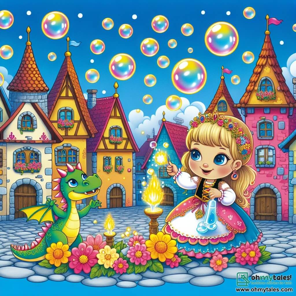 Une illustration destinée aux enfants représentant une princesse espiègle, accompagnée d'un dragon farceur, créant des bulles de savon lumineuses qui envahissent une place de village colorée, bordée de maisons en pierre ornées de toits pointus et de fleurs multicolores, sous un ciel bleu éclatant.