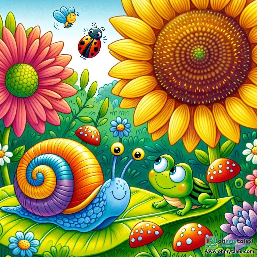 Illustration destinée aux enfants représentant un jardin coloré et ensoleillé, rempli de fleurs éclatantes et de feuillages luxuriants, où un escargot aux couleurs vives, avec une coquille spiralée scintillante comme des étoiles, avance lentement sur une feuille verte, le regard déterminé vers un majestueux tournesol qui touche presque le ciel. À ses côtés, un petit grenouille verte aux yeux pétillants saute joyeusement sur un nénuphar, tandis qu'une charmante coccinelle rouge à pois noirs vole autour d'eux, ajoutant une touche de magie à la scène. L'atmosphère est pleine d'enthousiasme et d'amitié, illustrant le moment où ces amis découvrent ensemble le chemin vers l'aventure.