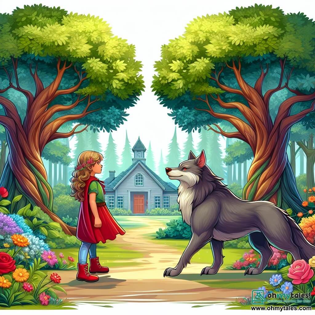 Une illustration destinée aux enfants représentant une jeune fille intrépide, se tenant face à un grand méchant loup, dans une forêt enchantée où des arbres majestueux se dressent, leurs feuilles chatoyantes dansant au gré du vent, tandis que des fleurs colorées bordent le chemin menant à une école pittoresque.