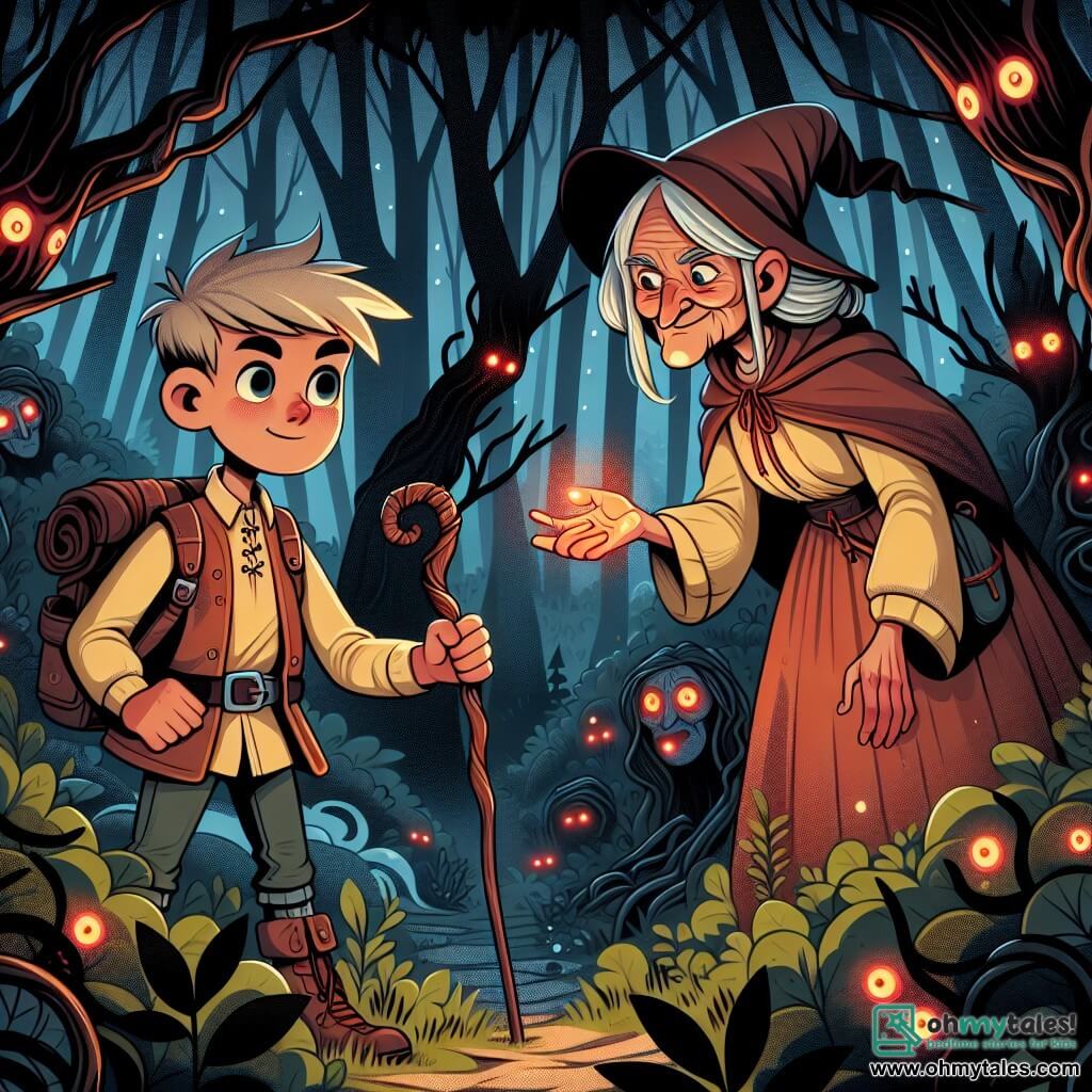 Une illustration destinée aux enfants représentant un jeune garçon aventurier, se retrouvant dans une forêt sombre et mystérieuse, accompagné d'une vieille sorcière aux cheveux d'argent, dans un village entouré d'arbres aux branches tordues et aux yeux rouges brillants.