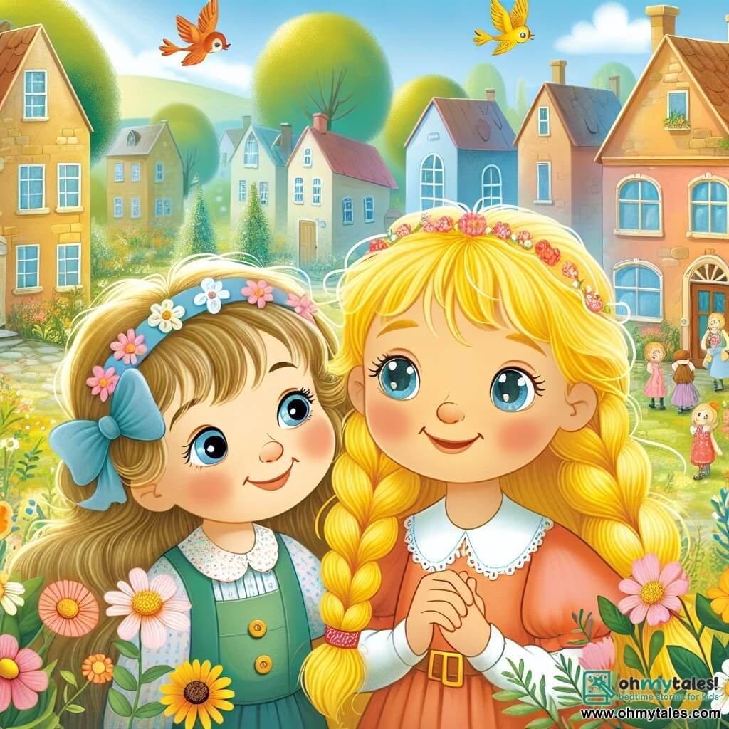 Une illustration destinée aux enfants représentant une jeune fille aux cheveux dorés, dotée d'un coeur curieux et bienveillant, qui rencontre une nouvelle amie dans une petite ville chaleureuse et ensoleillée, où elles explorent ensemble les merveilles de la nature, notamment un parc fleuri avec des oiseaux chantant joyeusement.
