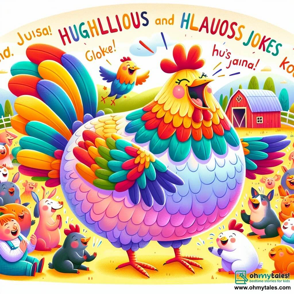 Une illustration destinée aux enfants représentant une poule pleine d'esprit et de plumes colorées, égayant une ferme pittoresque avec ses blagues hilarantes, tandis que les autres animaux l'entourent, riant et applaudissant, créant une atmosphère chaleureuse et joyeuse.