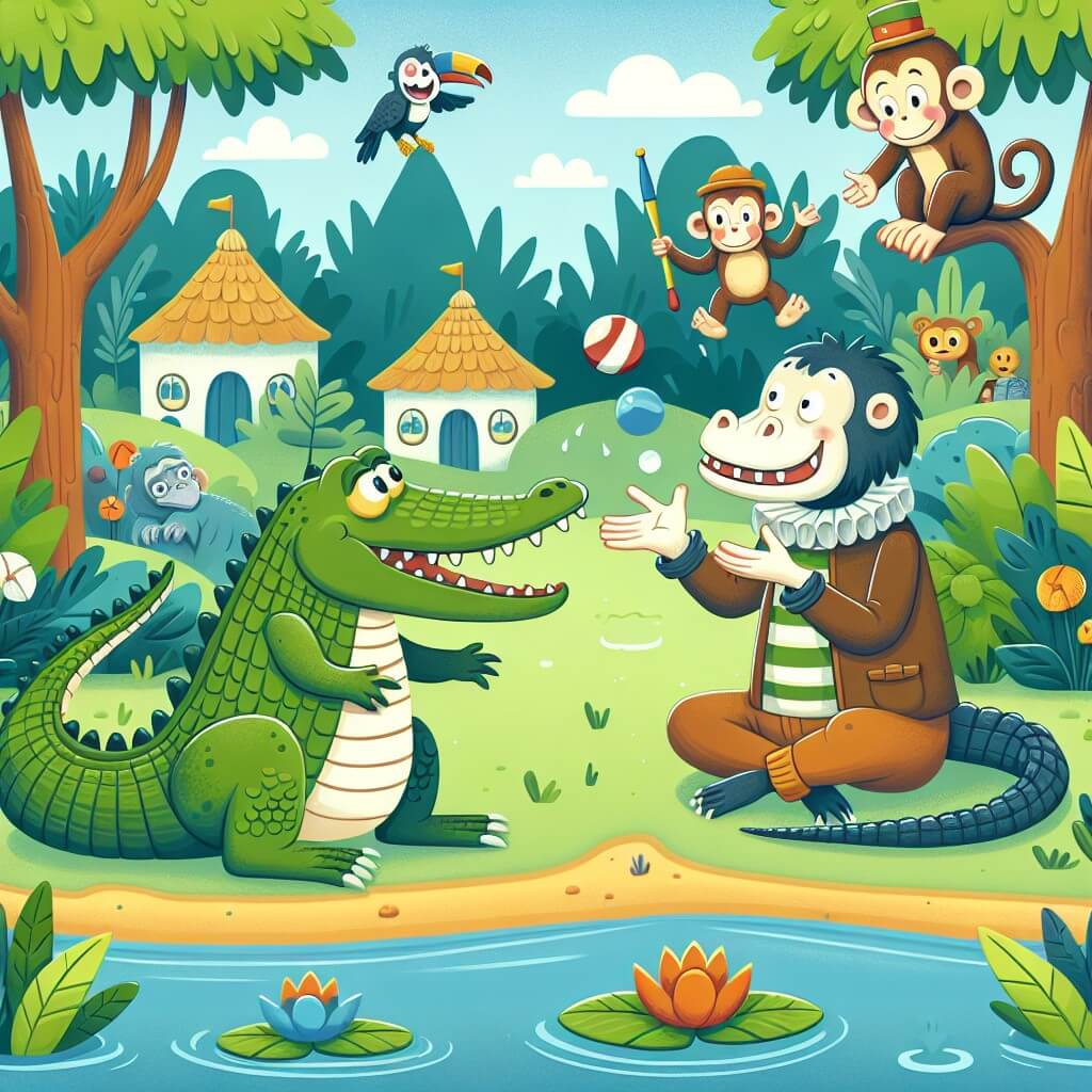 Une illustration destinée aux enfants représentant un crocodile jongleur, faisant face à une situation comique avec un singe espiègle, dans un petit village au cœur de la jungle, entouré de végétation luxuriante et d'animaux curieux.