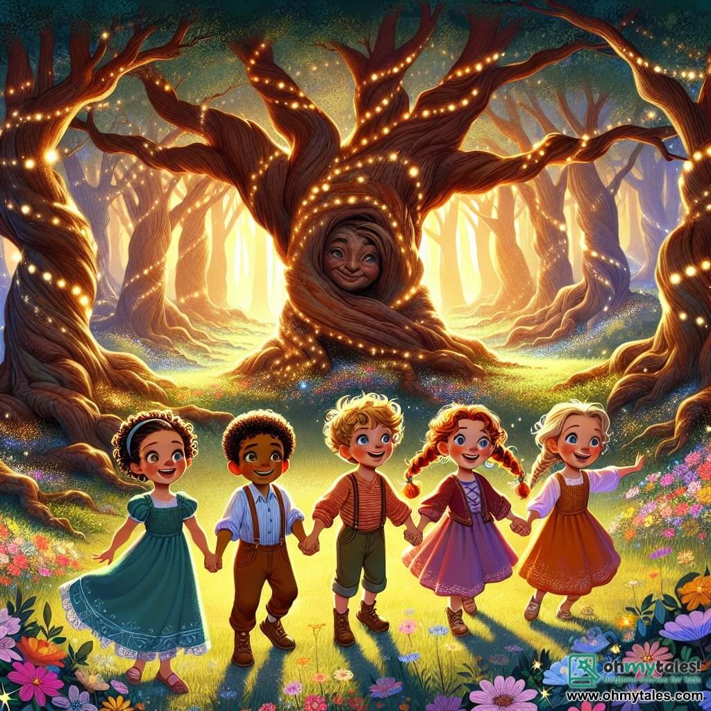 Illustration destinée aux enfants représentant une clairière magique au cœur de la forêt des Murmures, où des arbres majestueux aux troncs noueux et aux feuilles scintillantes créent un halo de lumière dorée. Un groupe de quatre enfants de sept ans, deux garçons aux cheveux bouclés et aux yeux pétillants, et deux filles aux tresses colorées et aux sourires éclatants, se tiennent main dans la main, leurs visages illuminés par l'excitation et l'émerveillement. Ils se tiennent devant un grand chêne aux racines tordues, dont le tronc arbore un visage sage et accueillant, prêt à leur poser des énigmes. Des ombres dansantes et des éclats de lumière flottent autour d'eux, créant une atmosphère à la fois mystérieuse et joyeuse, tandis que des fleurs colorées commencent à éclore autour de leurs pieds, symbolisant la magie et la promesse d'aventures à venir.