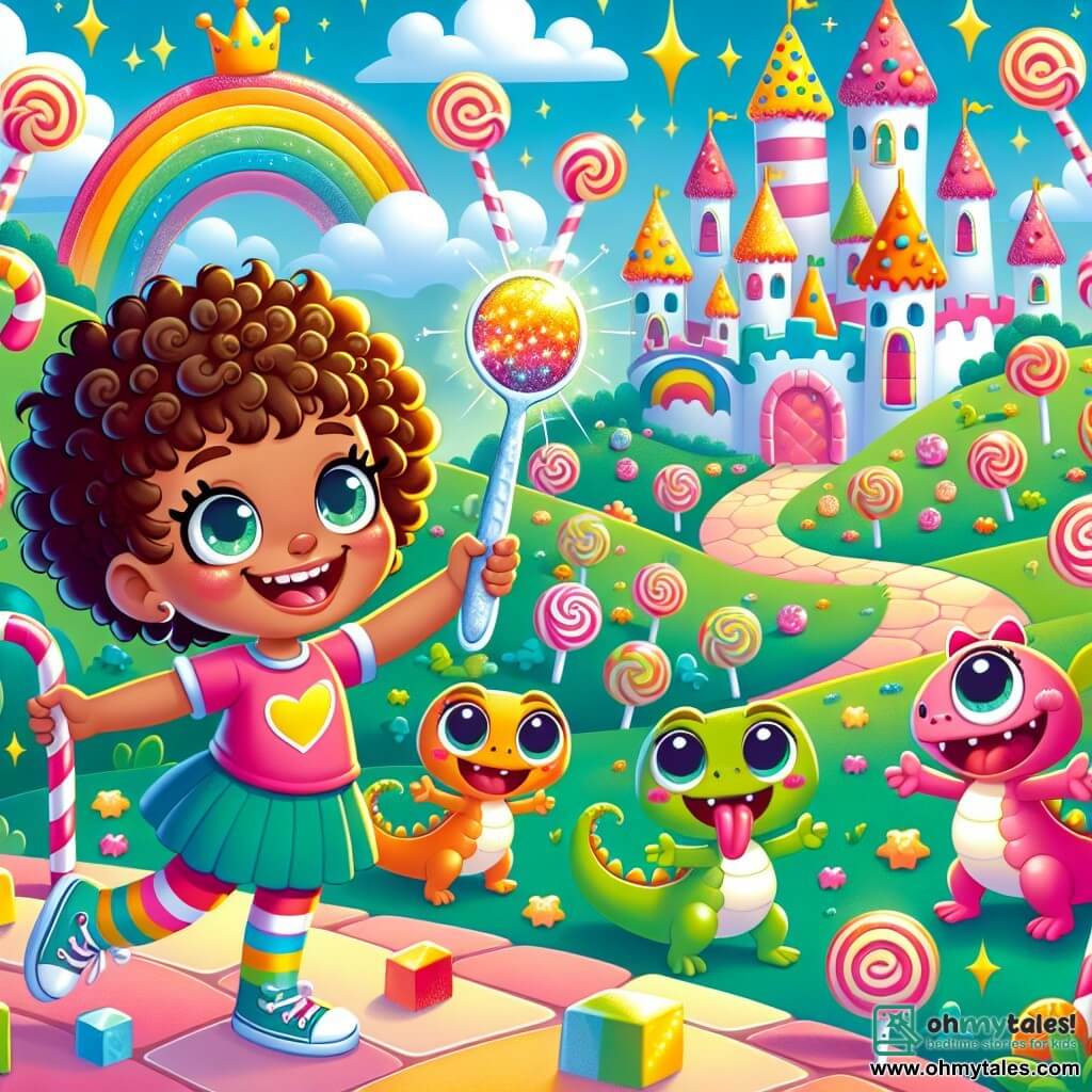 Une illustration sous forme de dessin destinée aux enfants représentant un royaume féerique aux couleurs vives, avec un château en bonbons et des arbres en sucre d'orge, où une fille de 5 ans aux cheveux bouclés et aux chaussettes arc-en-ciel, souriante et pleine d'énergie, tient un cuillère magique scintillante, entourée de petits lézards colorés aux grands yeux ronds qui rient et dansent autour d'elle, alors qu'elle se prépare à partir à l'aventure pour retrouver un objet précieux volé, le tout baigné dans une lumière enjouée et joyeuse.