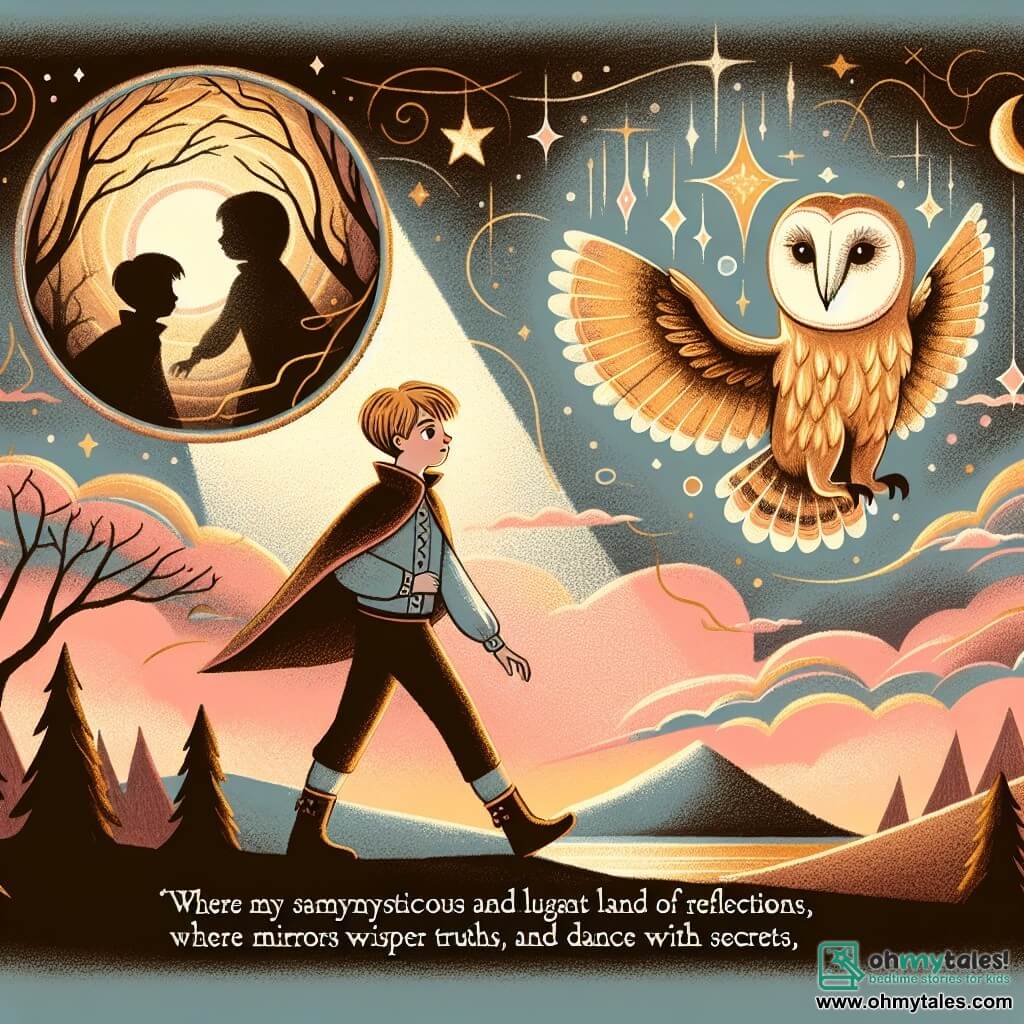 Une illustration destinée aux enfants représentant un garçon rêveur, accompagné d'un sage hibou, explorant la mystérieuse et lumineuse Terre des Reflets, où les miroirs chuchotent des vérités et les ombres dansent avec des secrets, sous un ciel peint de teintes roses et dorées.