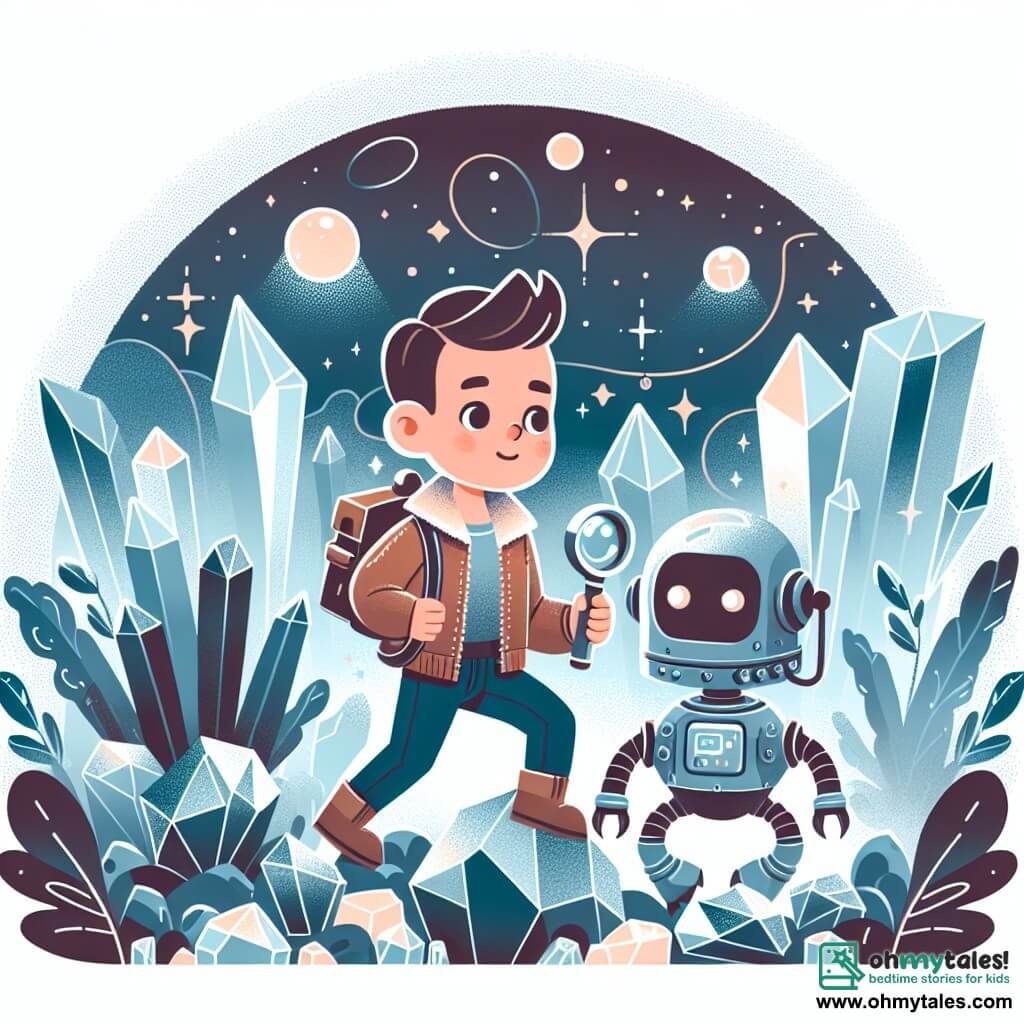 Une illustration destinée aux enfants représentant un homme courageux explorant une planète mystérieuse en compagnie de son fidèle robot, sur un paysage extraterrestre couvert de cristaux scintillants et enveloppé d'une brume éthérée.