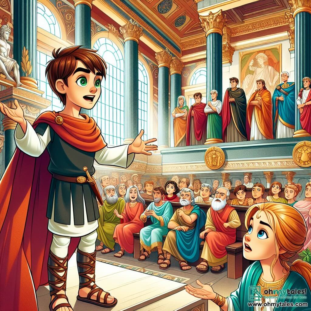 Une illustration sous forme de dessin destinée aux enfants représentant une scène vibrante dans le grand hall d'un palais romain, avec des colonnes en marbre et des décorations dorées, où une jeune femme aux cheveux auburn et aux yeux verts, vêtue d'une tunique simple, se tient courageusement devant un groupe de sénateurs, discutant avec passion d'un complot menaçant, tandis qu'un jeune homme aux traits déterminés, habillé en soldat romain, l'observe avec admiration et inquiétude, capturant l'intensité de la situation historique et magique qui se déroule.