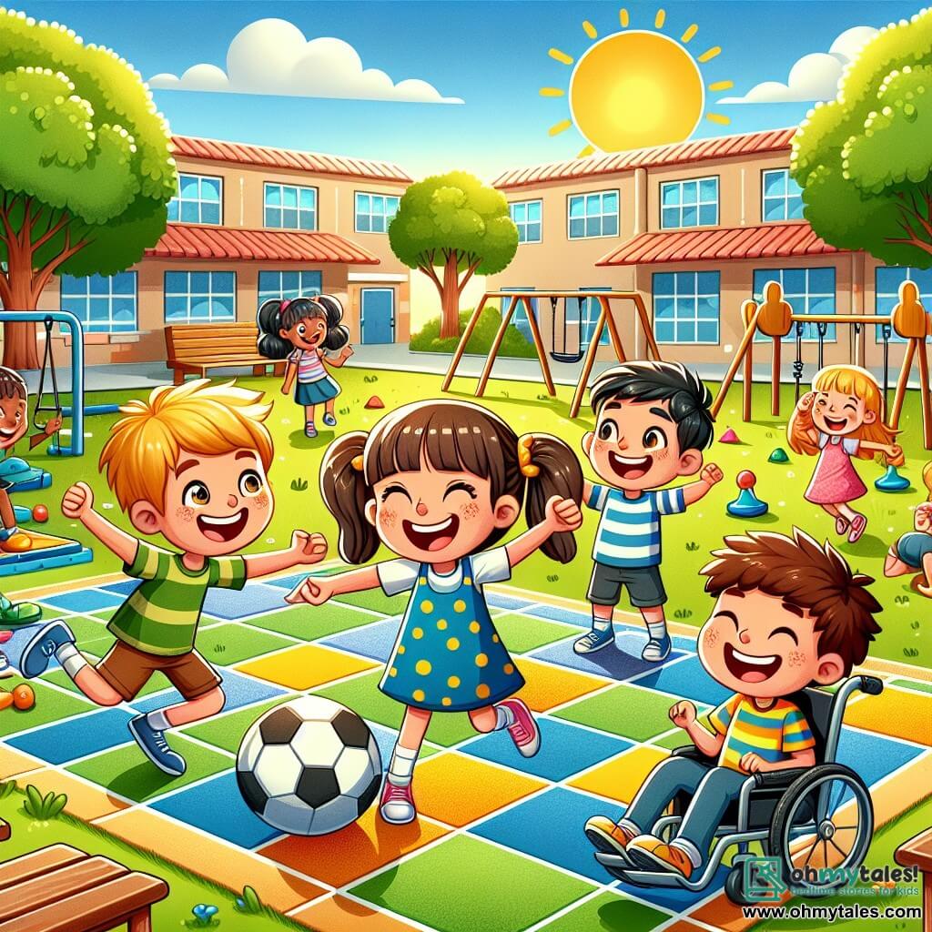 An illustration depicts a lively scene in a sunny elementary schoolyard. The ground is covered with colorful tiles, surrounded by wooden play structures and swings, while trees with green leaves sway gently in the breeze. In the center, a group of children gathers, laughing and playing together. A ten-year-old girl with brown hair in pigtails wears a blue dress with yellow polka dots, joyfully raising her arms as if she just scored in a game. Next to her, a ten-year-old boy with curly hair in a striped shirt laughs, his eyes sparkling with mischief. Another ten-year-old boy sits in a wheelchair, smiling broadly while holding a soccer ball, ready to join the game. The main scene shows the children playing tag, emphasizing camaraderie and inclusion. Laughter fills the air, and the atmosphere is vibrant and joyful. In the background, other children swing and chat, contributing to the lively playground ambiance, with sunlight illuminating the scene, creating a warm and welcoming atmosphere.