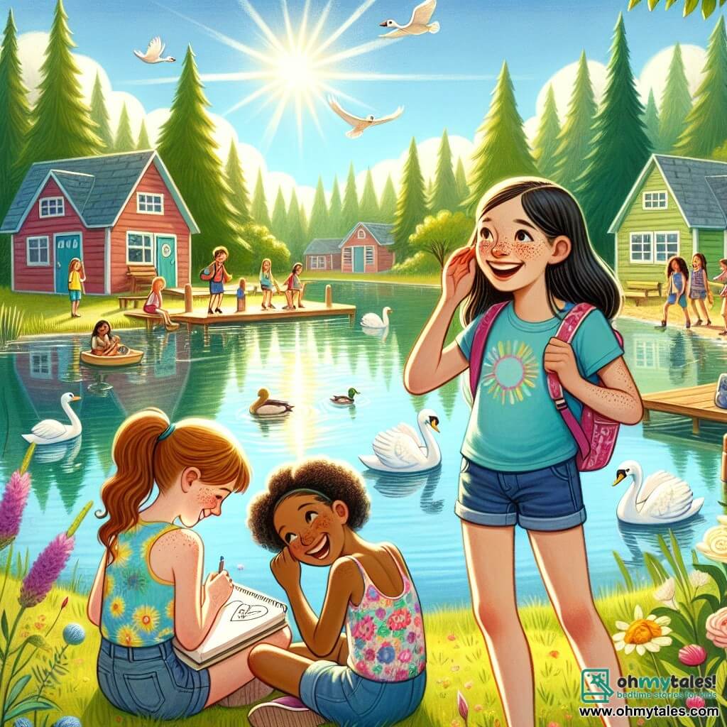 The illustration depicts a vibrant scene by a lake in summer. The location is a summer camp, with colorful wooden cabins surrounded by tall green trees and wildflowers. The lake sparkles under the sun, with ducks swimming peacefully and swan-shaped paddle boats gently floating.

Three young girls, around twelve years old, are in the foreground. The first girl has long brown hair and wears a blue t-shirt and denim shorts. She holds a sketchbook and pencil, focused on her drawing. The second girl, with curly hair and freckles, is laughing, wearing a colorful tank top and shorts. The third girl, with smooth black hair, adjusts her backpack while smiling, dressed in a light floral dress.

The main scene shows the three friends enjoying a sunny day at camp, surrounded by laughter and a joyful atmosphere. Laughter echoes, and the air is filled with the smell of roasted marshmallows. In the background, other children play frisbee while adults supervise the activities, creating a sense of camaraderie and summer adventure.