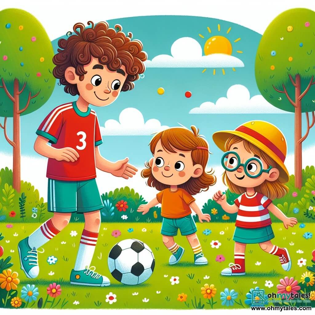 Une illustration sous forme de dessin destinée aux enfants représentant un parc ensoleillé avec de l'herbe verte et des fleurs colorées, où un jeune homme aux cheveux bruns et bouclés, portant un maillot rouge et un short bleu, montre aux enfants comment dribbler un ballon de football, tandis qu'une petite fille avec un chapeau jaune et un garçon aux lunettes, tous deux souriants, l'écoutent attentivement et s'apprêtent à essayer de marquer un but, capturant l'esprit de camaraderie et de joie du jeu.