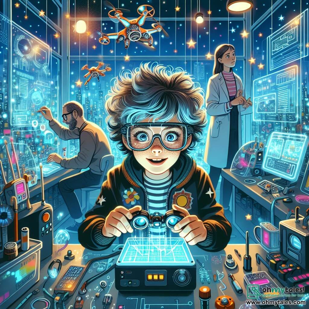 An illustration depicting a futuristic laboratory with transparent glass walls, filled with sparkling gadgets and colorful holograms projecting data. In the center, an 11-year-old girl with curly, tousled hair, wearing oversized glasses and a jacket adorned with solar panels, is leaning over a holographic screen, her eyes shining with excitement. Next to her, a 12-year-old boy with short hair and a cap is observing closely, holding a small drone in his hands, ready to launch it. In the background, a scientist in her thirties with bright blue hair is adjusting settings on a control panel, displaying a focused expression. The scene conveys an atmosphere of innovation and adventure, with bright lights and floating data projections, illustrating the moment they work together to solve a technological mystery in their futuristic city.
