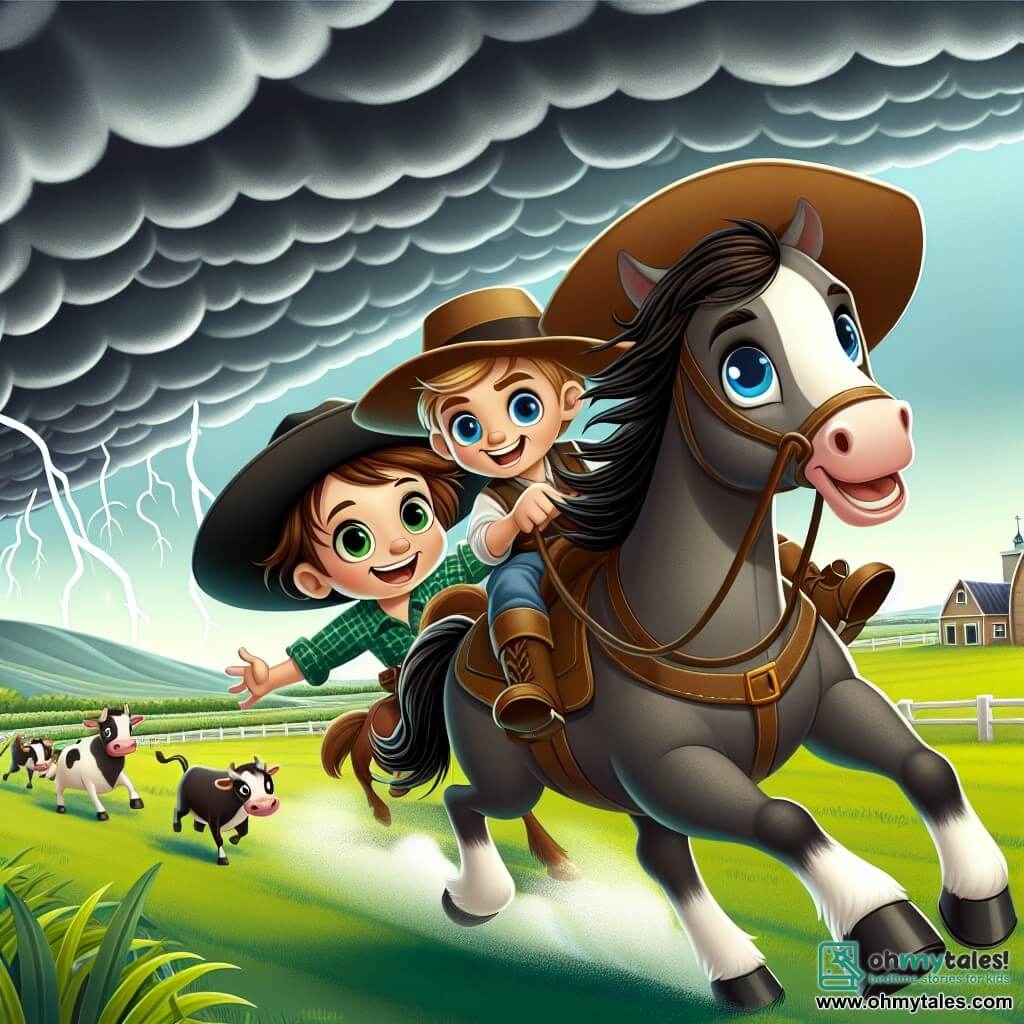 Une illustration sous forme de dessin destinée aux enfants représentant un vaste champ verdoyant sous un ciel orageux, avec un jeune cowboy aux yeux bleus et au chapeau large, chevauchant un cheval rapide, tandis qu'une jeune fille aux cheveux bruns et au chapeau trop grand pour elle, l'encourage à guider un troupeau de vaches effrayées loin de la ville, illustrant leur courage et leur esprit d'équipe face à la tempête qui approche.