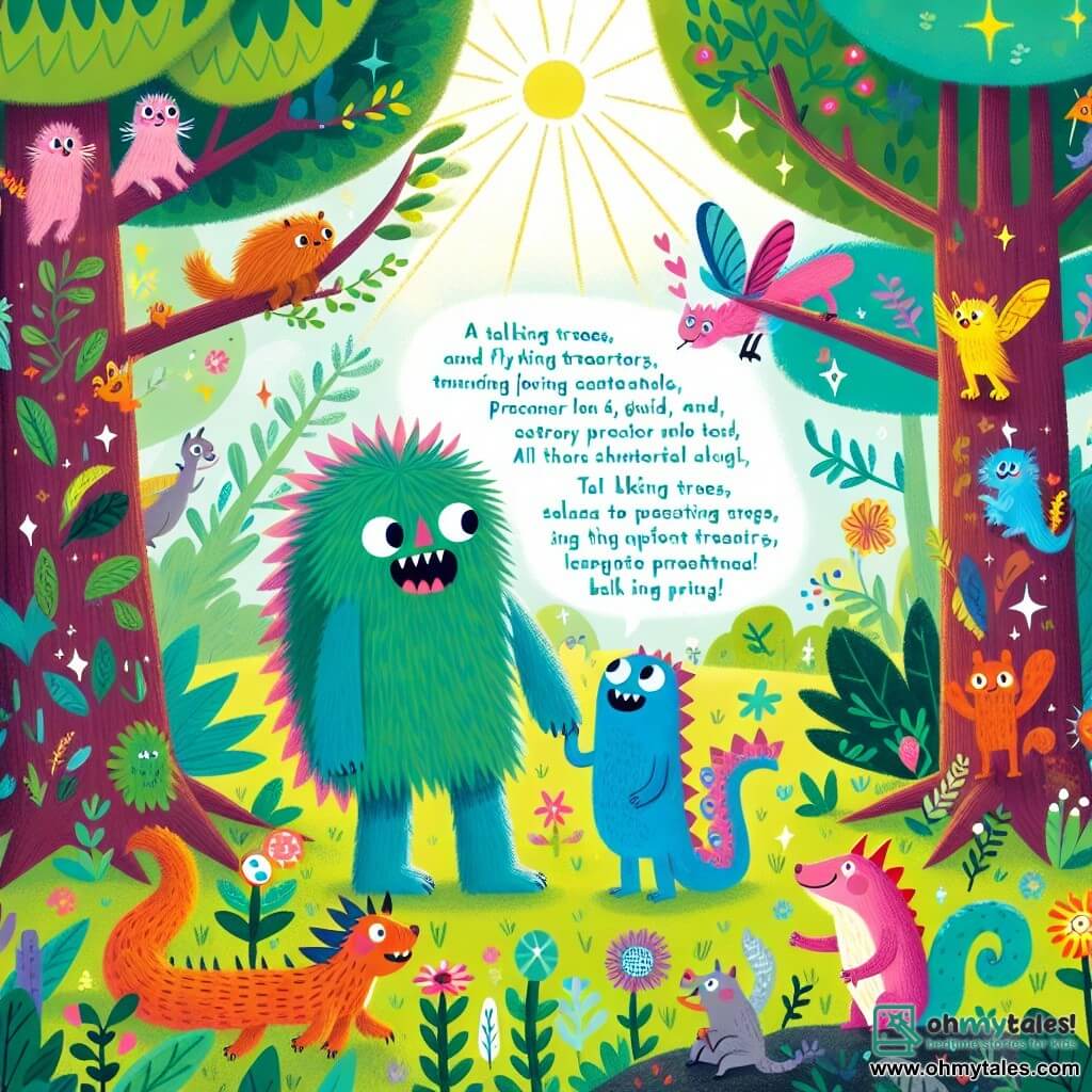 Une illustration destinée aux enfants représentant un monstre poilu et coloré qui fait équipe avec un dragon étincelant pour explorer une forêt enchantée remplie de créatures magiques, comme des arbres parlants, des écureuils volants et des fleurs qui dansent, le tout se déroulant dans un paysage luxuriant où les rayons de soleil filtrent à travers les feuilles et les oiseaux chantent joyeusement.