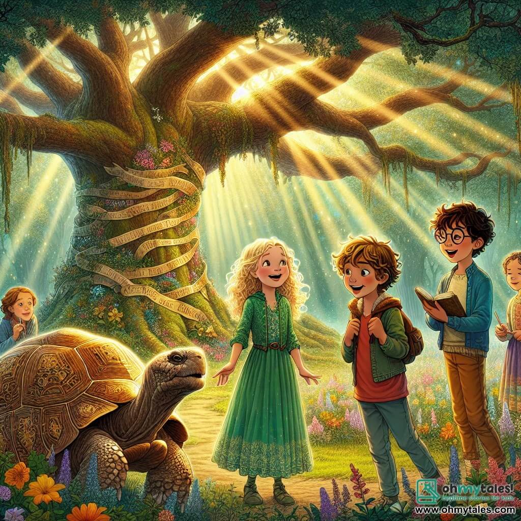 Illustration destinée aux enfants représentant une scène magique dans une clairière enchantée, où un grand chêne aux branches étendues comme des bras accueillants se dresse au centre, entouré de fleurs colorées et d'une douce lumière dorée filtrant à travers le feuillage. Un groupe de quatre enfants de 9 ans, deux filles et deux garçons, se tient autour du chêne : une fille aux cheveux bouclés et dorés, vêtue d'une robe verte, observe avec émerveillement un vieux turtle sage à la carapace ornée de motifs délicats, tandis qu'un garçon aux cheveux bruns et ébouriffés, habillé d'un t-shirt bleu, pose une question avec curiosité. À côté, une fille aux yeux pétillants et aux cheveux châtains, en jupe colorée, sourit joyeusement, tandis qu'un garçon aux lunettes rondes, habillé d'un pull rouge, prend des notes sur un carnet. L'atmosphère est remplie de mystère et de sagesse, avec des rayons de soleil illuminant les visages des enfants, tandis qu'ils découvrent les secrets de la vie et de l'amitié sous l'œil bienveillant d'Orin, le turtle.