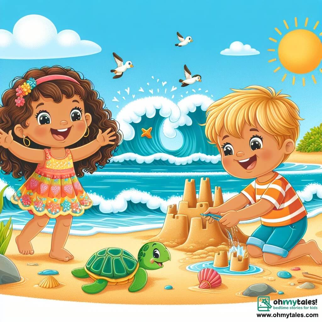 Une illustration sous forme de dessin destinée aux enfants représentant une plage ensoleillée avec des vagues dansantes et du sable doré, où une petite fille de 5 ans aux cheveux bouclés et aux yeux pétillants, vêtue d'une robe colorée, rit joyeusement en jouant avec un garçon de son âge aux cheveux blonds, qui construit un château de sable, tandis qu'une tortue mignonne nage près du rivage, symbolisant leur aventure d'anniversaire pleine de rires et de découvertes.