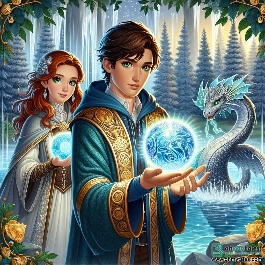 Une illustration sous forme de dessin destinée aux enfants représentant une scène magique dans la forêt argentée d'Eldoria, où un jeune homme aux cheveux châtains et aux yeux déterminés, vêtu d'une robe de mage ornée de symboles lumineux, tient fermement l'Orb de Lumina illuminant son visage d'une lueur éclatante, tandis qu'à ses côtés, une jeune femme aux cheveux auburn, avec des yeux verts pétillants, observe avec admiration et courage, et un majestueux être magique aux écailles scintillantes émerge de l'eau cristalline du lac, prêt à leur poser une énigme pour prouver leur valeur dans leur quête pour restaurer la magie du royaume.