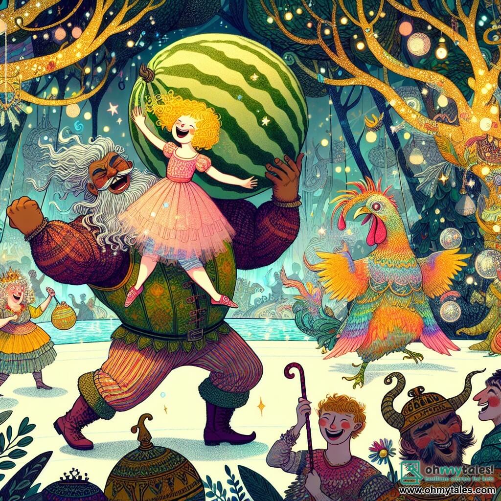 Une illustration sous forme de dessin destinée aux enfants représentant un paysage féerique de Wyrmwood, où les arbres aux feuilles scintillantes murmurent des secrets, avec une jeune fille aux cheveux dorés et bouclés, riant aux éclats tout en tenant un gros melon sur sa tête, entourée de Thor, un homme musclé avec une barbe argentée, vêtu d'une tunique colorée et d'un tutu rose, qui tente de danser maladroitement, et de Loki, un homme au sourire malicieux, transformé en un poulet géant aux plumes multicolores, tous deux s'amusant dans une ambiance joyeuse et ludique, alors qu'ils participent à un concours de transformations hilarantes dans une grande salle remplie de dieux riants et de paillettes scintillantes.