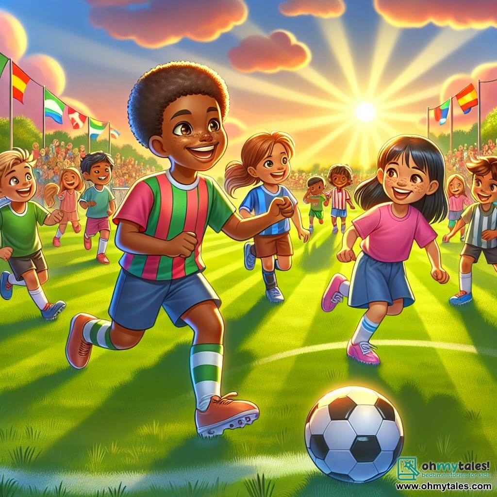 An illustration depicting a vibrant scene on a soccer field in the late afternoon, bathed in golden light. The sky is dotted with pink and orange clouds, while the freshly cut green grass creates a welcoming and joyful setting. In the center of the image, an 11-year-old African American boy with curly hair and caramel skin is dribbling a soccer ball with a big smile on his face. To his right, a 10-year-old Asian girl with long black hair is wearing a colorful jersey and clapping enthusiastically. On the left, an 11-year-old Caucasian boy with blond hair and freckles looks at the ball with admiration, ready to play. The main scene shows these children playing together, illustrating friendship and inclusion. In the background, other children of different ethnic backgrounds, such as a Hispanic boy and a Middle Eastern girl, are having fun and laughing, creating an atmosphere of camaraderie. Colorful flags representing various cultures are waving around the field, symbolizing diversity and acceptance.
