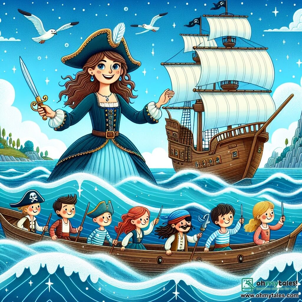 Une illustration destinée aux enfants représentant une courageuse pirate capitaine (femme) naviguant vers une île mystérieuse avec son équipage joyeux (hommes et femmes), entourée de vagues scintillantes et d'un ciel bleu azur, à bord de son navire majestueux, le Mermaid d'Argent.
