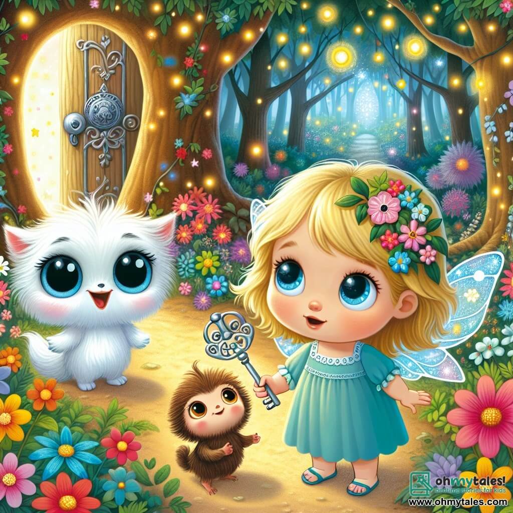 Une illustration sous forme de dessin destinée aux enfants représentant une forêt enchantée, pleine de fleurs colorées et de lumières scintillantes, où une petite fille de 3 ans aux cheveux dorés, portant une robe bleue, tient une clé argentée avec un regard émerveillé, tandis qu'à ses côtés, un petit animal aux yeux brillants et à la fourrure duveteuse, ainsi qu'une fée aux ailes scintillantes, l'encouragent à s'aventurer vers un grand arbre dans lequel se trouve une porte mystérieuse, symbolisant le début d'une quête magique.