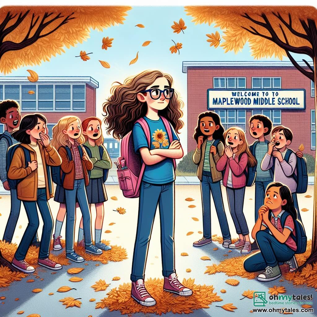 An illustration depicting a lively schoolyard, with trees bearing golden leaves and children playing on colorful swings. In the center, an 11-year-old girl with wavy brown hair and glasses wears a blue t-shirt and a pink backpack. She stands determinedly facing a group of older girls who are laughing and whispering, arms crossed, with mocking expressions. The other children around appear concerned, some watching the scene with sad eyes. The atmosphere is tense, and leaves gently fall around them, symbolizing the fragility of the situation. A school sign in the background reads "Welcome to Maplewood Middle School," adding a touch of realism to this scene of bullying.
