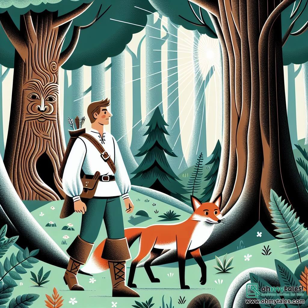 Une illustration destinée aux enfants représentant un homme courageux et curieux, accompagné d'un renard malicieux, explorant une forêt mystérieuse aux arbres centenaires, cachant des secrets anciens et des créatures énigmatiques, avec des rayons de soleil filtrant à travers le feuillage touffu.