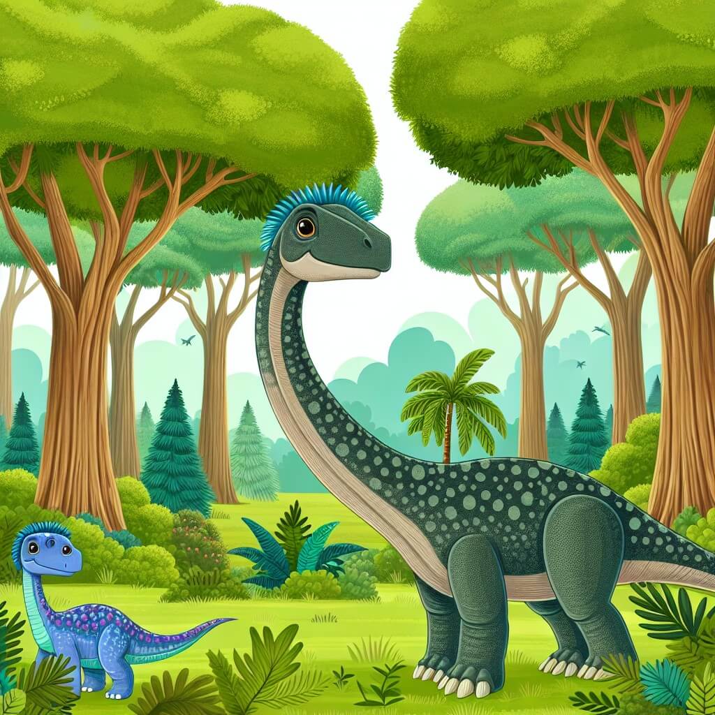 Une illustration destinée aux enfants représentant un majestueux herbivore au long cou et à la peau écailleuse, accompagné d'un adorable dinosaure à la tête ornée d'une frange bleue, dans une magnifique forêt luxuriante peuplée de grands arbres aux feuilles vertes et touffues, où se déroulent de merveilleuses aventures.