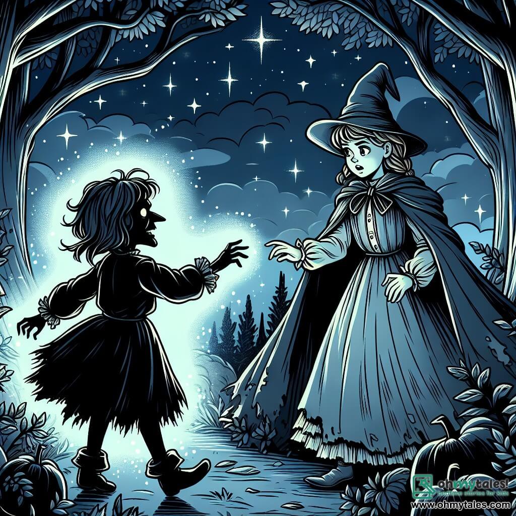 Une illustration destinée aux enfants représentant une jeune fille au visage doux et aux vêtements en lambeaux, confrontée à une sorcière maléfique dans une clairière enchantée, où les arbres dansent et les étoiles brillent d'un éclat magique.