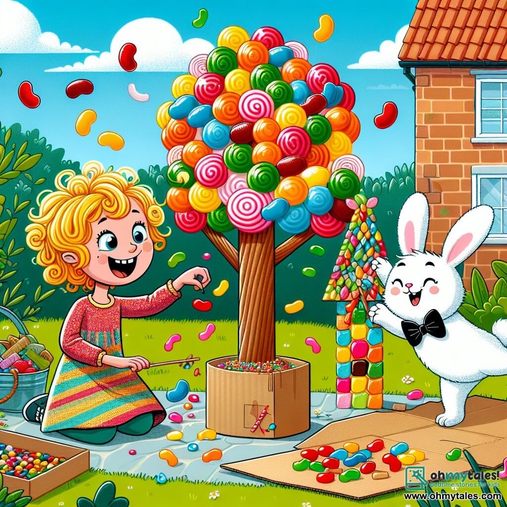 Une illustration sous forme de dessin destinée aux enfants représentant une scène colorée dans le jardin ensoleillé d'une maison à Wobbleton, où une fille de 7 ans aux cheveux bouclés et dorés, vêtue d'une robe arc-en-ciel, est en train de construire une magnifique sculpture d'un arbre en bonbons en collant des jellybeans sur un tronc en carton, tandis qu'un petit lapin blanc et duveteux, avec un nœud papillon noir, saute joyeusement autour d'elle, et des jellybeans colorés volent dans les airs après que le vent ait fait tomber leur création, illustrant ainsi le défi amusant et chaotique de leur projet.
