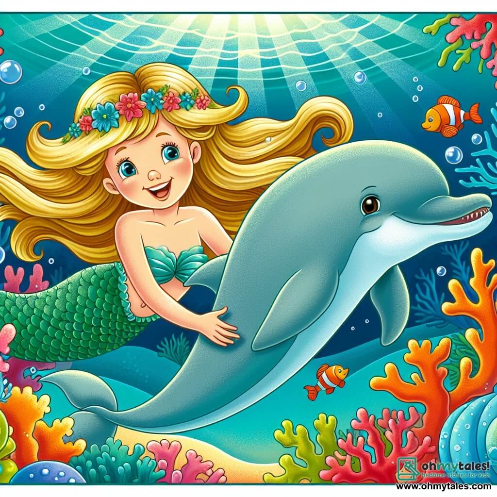 Une illustration destinée aux enfants représentant une sirène aux cheveux dorés nageant joyeusement avec un dauphin près d'un récif de corail coloré dans le royaume sous-marin enchanté.