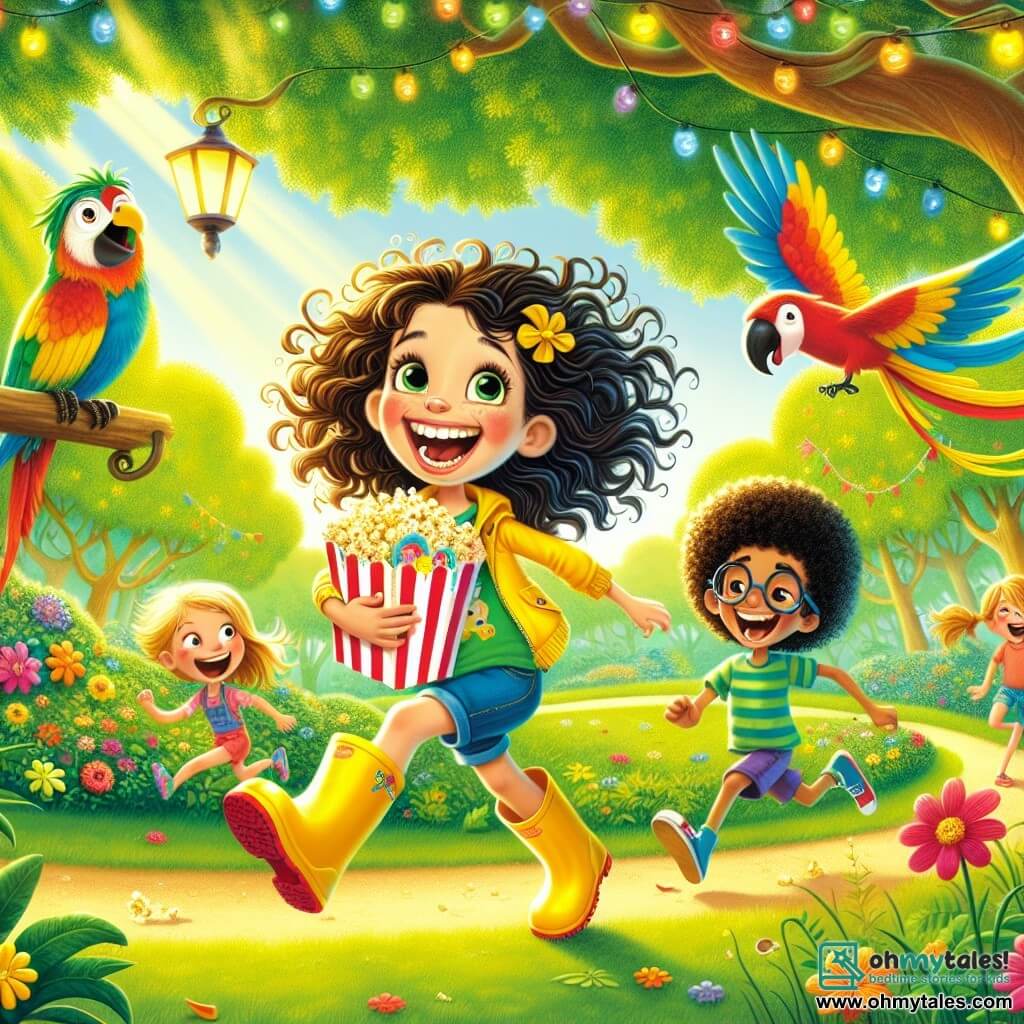 Illustration destinée aux enfants représentant une scène animée dans un parc ensoleillé de la ville de Whimsiville, où les arbres aux feuilles vertes scintillent sous les rayons dorés du soleil, et les fleurs colorées dansent doucement dans la brise. Au premier plan, une fille de 11 ans avec des cheveux bouclés et ébouriffés, portant des bottes de pluie jaunes, court joyeusement en tenant un sac de pop-corn, un grand sourire illuminant son visage espiègle. À ses côtés, deux amis : un garçon aux lunettes épaisses et aux cheveux châtains, qui semble un peu inquiet mais curieux, et une fille intrépide avec des cheveux lisses et noirs, riant aux éclats en imitant un perroquet. En arrière-plan, un perroquet coloré, Captain Squawk, est perché sur une balançoire, les plumes éclatantes contrastant avec le vert du parc, tandis que des enfants jouent autour d'eux, ajoutant une touche de vie et de joie à cette scène pleine d'aventure et de rires.