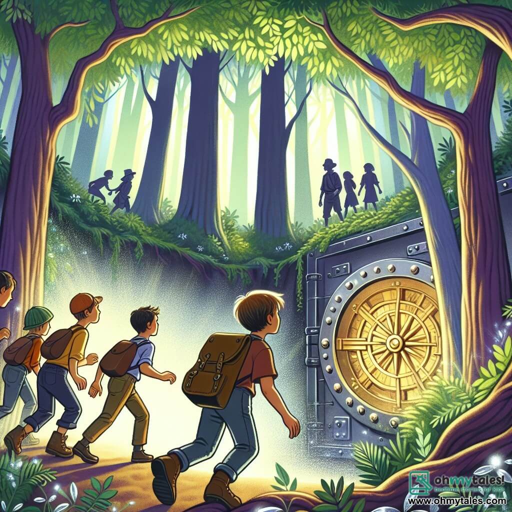 Une illustration destinée aux enfants représentant un jeune garçon courageux, accompagné de ses amis, explorant un mystérieux caveau caché au cœur d'une forêt dense aux arbres majestueux et aux feuilles chatoyantes.