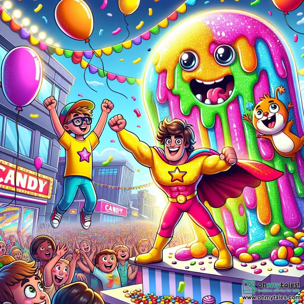 An illustration depicting a vibrant and colorful scene of a festival in a joyful city, featuring candy stands, floating balloons, and bright garlands. In the center, a man dressed as a superhero, wearing a sparkling red cape and a yellow t-shirt with a giant star, faces a large jelly-like monster made of multicolored candy, sliding on jellybeans. The man has messy brown hair and a determined smile, ready to use his comedic powers to shake the monster. Beside him, a young boy around 8 years old, wearing glasses and a cap, jumps for joy, while a mischievous little squirrel with sparkling eyes climbs on the man's shoulder, adding dynamism to the scene. In the background, children laugh and cheer, captivated by the spectacle, as confetti flies through the air, creating a festive and lively atmosphere.