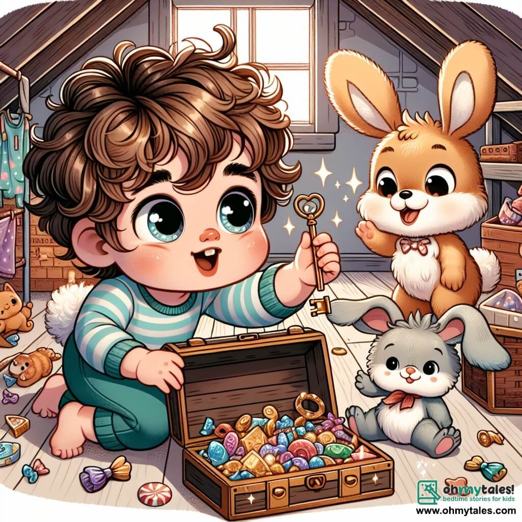 Une illustration sous forme de dessin destinée aux enfants représentant une charmante pièce d'attique remplie de trésors scintillants et de vieux jouets, où un petit garçon de 1 an aux cheveux bouclés et aux yeux pétillants explore avec émerveillement, tenant une clé brillante dans ses petites mains, tandis qu'à ses côtés, une adorable petite lapine aux grandes oreilles et un chiot aux poils dorés l'encouragent joyeusement, tous trois découvrant ensemble un coffre au trésor rempli de bonbons colorés et de jouets amusants, capturant l'esprit d'aventure et d'amitié.