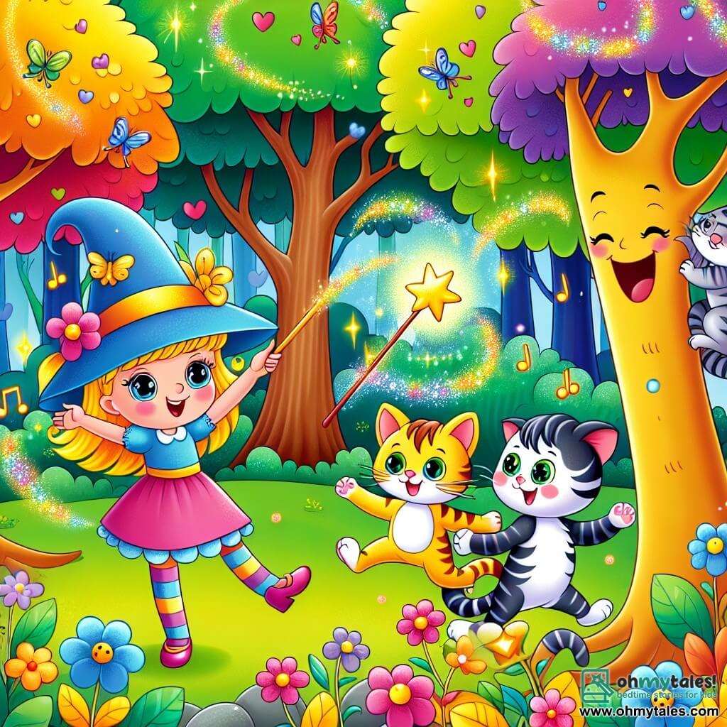 Une illustration sous forme de dessin destinée aux enfants représentant une forêt colorée et enchantée, remplie d'arbres aux feuilles multicolores et de fleurs chantantes, où une petite fille de 5 ans aux cheveux dorés et aux yeux pétillants danse joyeusement avec un chat tigré sur son épaule, tout en brandissant une baguette magique qui vibre et émet des bulles scintillantes, alors qu'un arbre souriant à l'air un peu triste les observe, car il a besoin d'aide pour retrouver sa mélodie perdue.