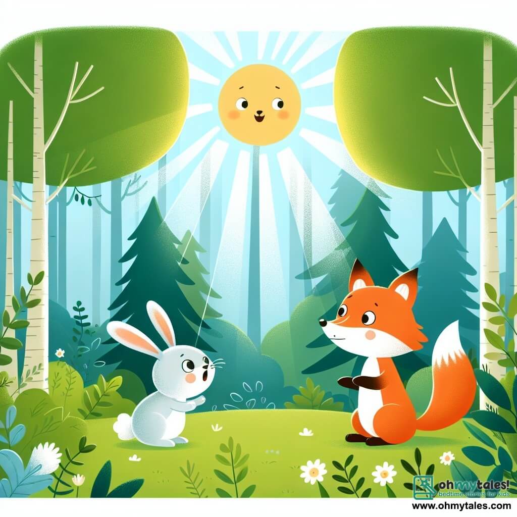 Une illustration destinée aux enfants représentant un renard curieux, un lapin effrayé, et une forêt luxuriante baignée par les doux rayons du soleil.