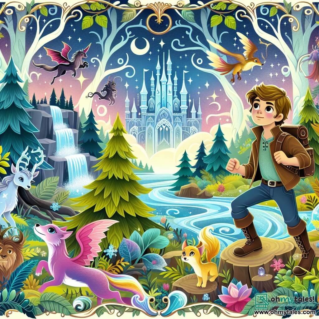 Une illustration destinée aux enfants représentant un jeune homme courageux, entouré de créatures magiques, explorant une forêt enchantée aux arbres majestueux, aux feuilles chatoyantes et aux cascades scintillantes, dans le but de sauver un monde mythique menacé par les forces obscures d'une sorcière maléfique.