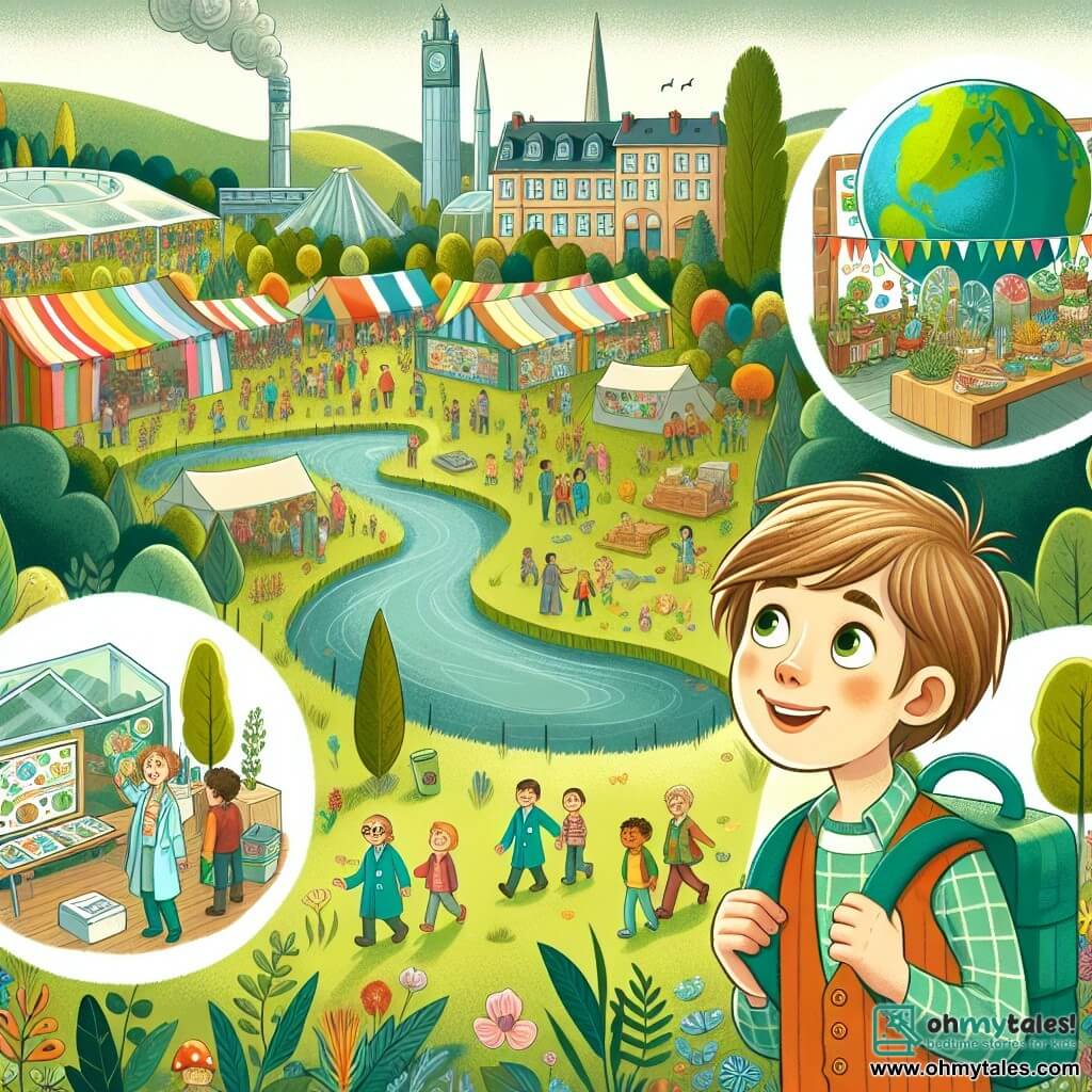 Une illustration destinée aux enfants représentant un jeune garçon curieux et aventureux, découvrant un éco-festival animé rempli de stands colorés mettant en valeur des produits écologiques, des scientifiques enthousiastes et un parc verdoyant où la communauté se réunit pour préserver la planète.