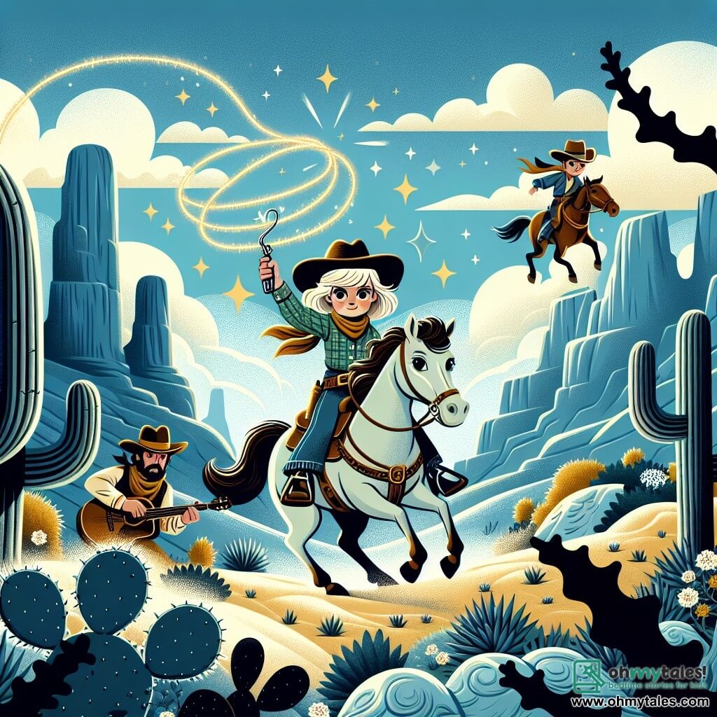 Une illustration destinée aux enfants représentant une jeune cowgirl intrépide, affrontant des bandits avec sa lasso étincelante, accompagnée de son fidèle cheval, dans un décor de l'Ouest sauvage avec des cactus, des montagnes majestueuses et un ciel bleu infini.