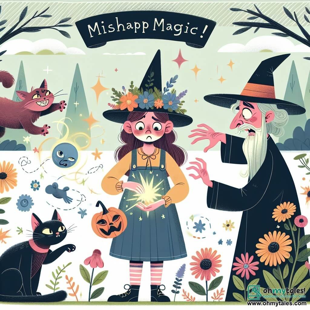 Une illustration destinée aux enfants représentant une petite sorcière en devenir, une situation de magie qui tourne mal, un mentor sorcière excentrique et son chat, dans un jardin enchanté rempli de fleurs qui chatouillent et d'animaux espiègles.