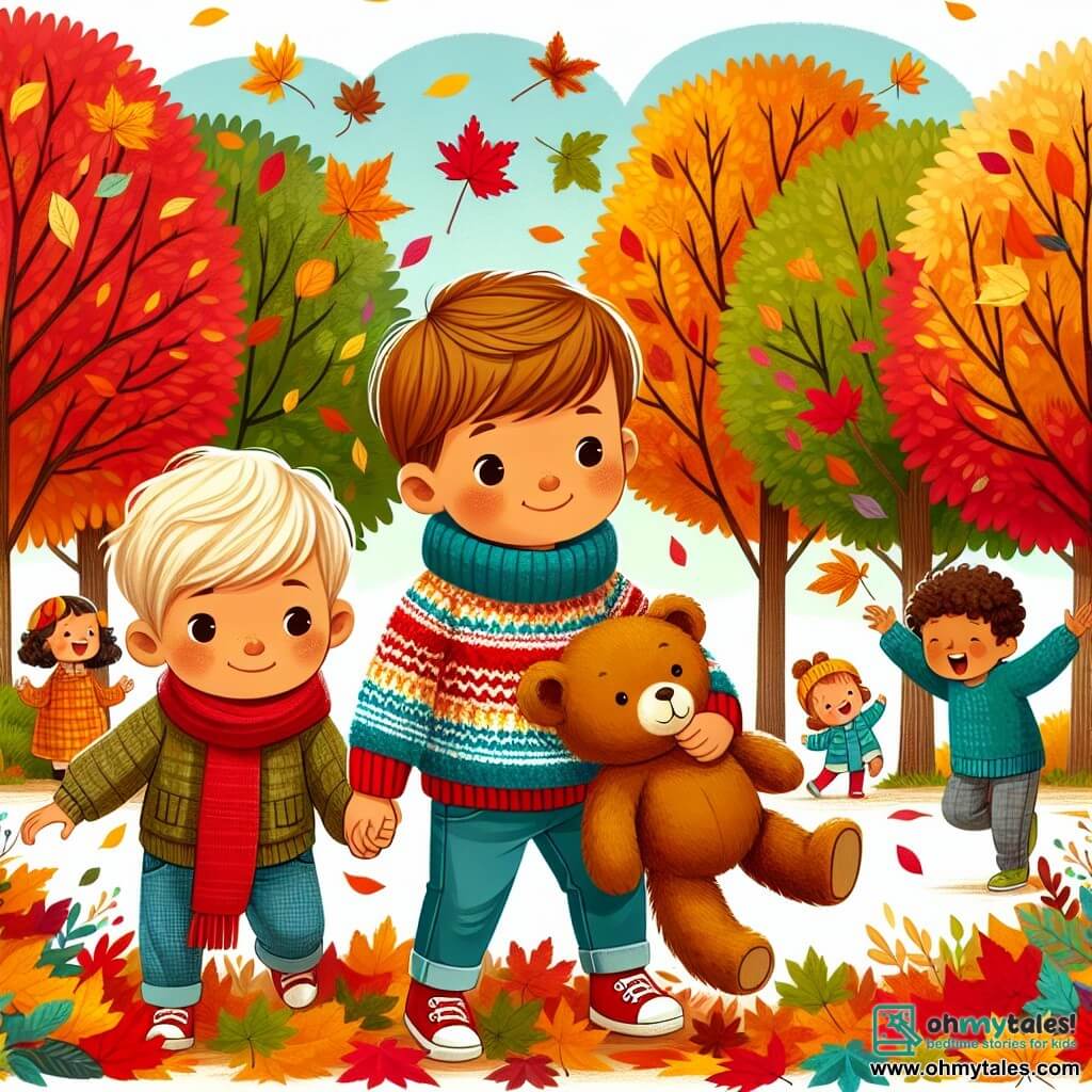 Une illustration destinée aux enfants représentant un petit garçon vêtu d'un pull chaud, tenant la main de son ours en peluche, tandis qu'ils se promènent dans un parc coloré, rempli d'arbres aux feuilles rouges, jaunes et oranges, et d'enfants qui jouent joyeusement avec des tas de feuilles.