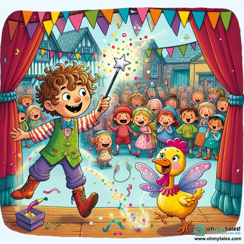 Une illustration sous forme de dessin destinée aux enfants représentant une scène colorée et joyeuse dans le village animé de Tiddlywink, où un garçon de 5 ans aux cheveux bouclés et ébouriffés, avec des yeux pétillants, se tient sur une petite scène en bois, brandissant une baguette magique peinte de couleurs vives, entouré de rires et de confettis flottants, tandis qu'une foule d'enfants, dont une petite fille habillée en fée avec des ailes scintillantes, court après un poulet en caoutchouc qui honk, illustrant le moment hilarant où la magie de Max crée un désordre joyeux et inattendu.